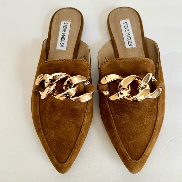 Steve Madden Finn leather upper chain mule pointed toe in cognac suede. Size 7 - Picture 3 of 6